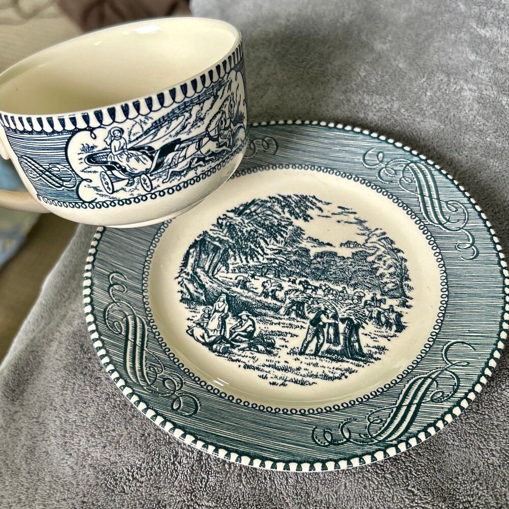 Colonial Stagecoach + Wheat Gathering Blue Pattern Cup + Saucer - Picture 8 of 11